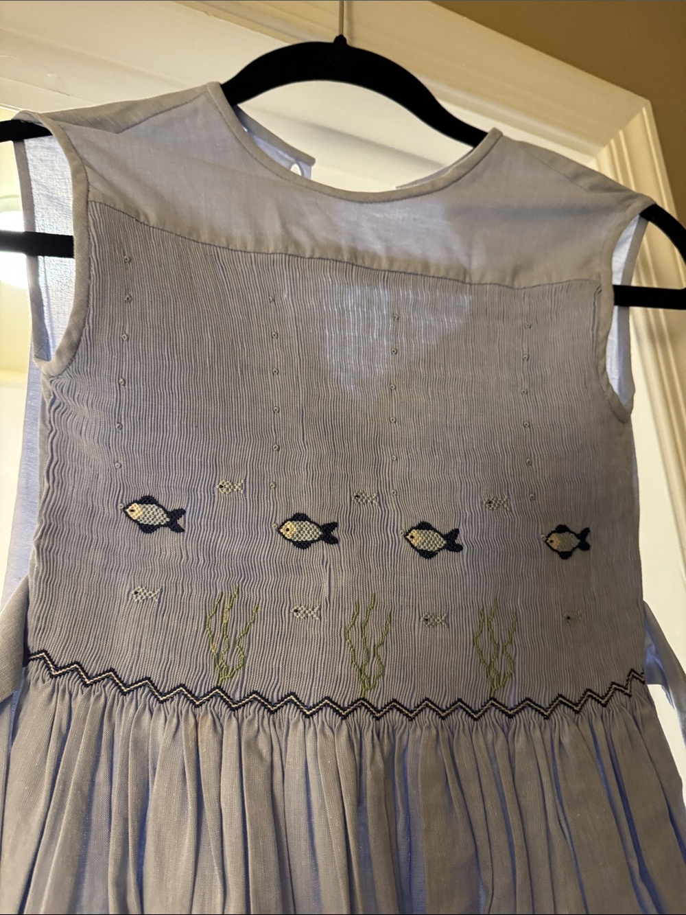 Light Blue Girls' Sleeveless Smocked Dress with Fish Embroidery - Picture 2 of 4